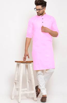 Pink solid cotton blend straight kurta for men 2