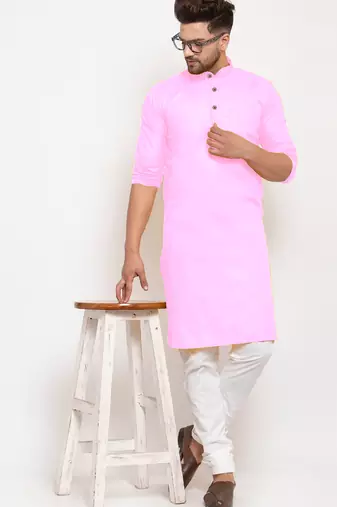 Pink solid cotton blend straight kurta for men