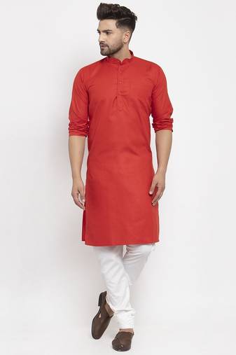 Red solid cotton blend straight kurta for men