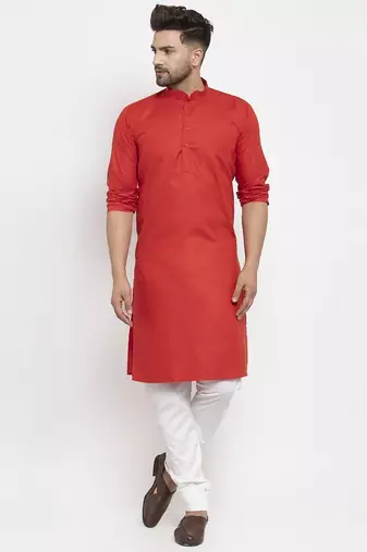 Red solid cotton blend straight kurta for men