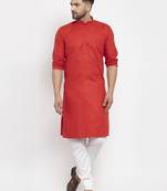 Red solid cotton blend straight kurta for men