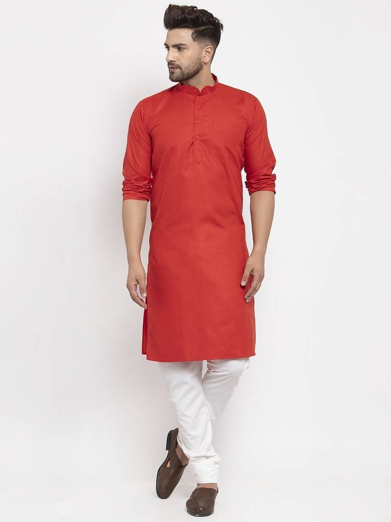 Red solid cotton blend straight kurta for men
