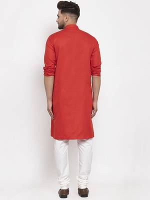 Red solid cotton blend straight kurta for men 2