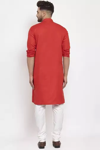 Red solid cotton blend straight kurta for men