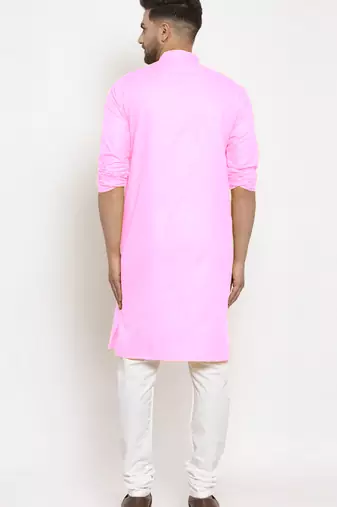 Pink solid cotton blend straight kurta for men