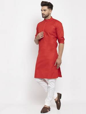 Red solid cotton blend straight kurta for men 3