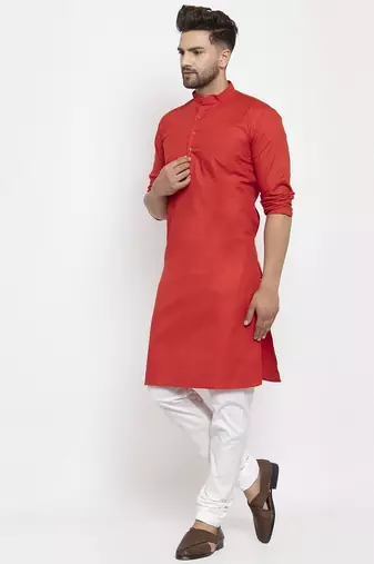 Red solid cotton blend straight kurta for men