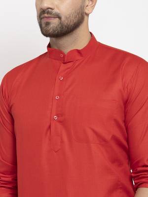 Red solid cotton blend straight kurta for men 4