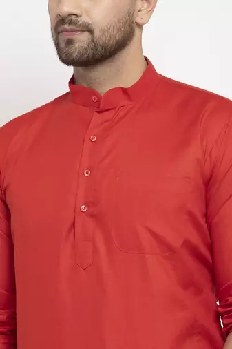 Red solid cotton blend straight kurta for men