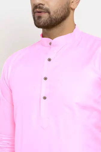 Pink solid cotton blend straight kurta for men