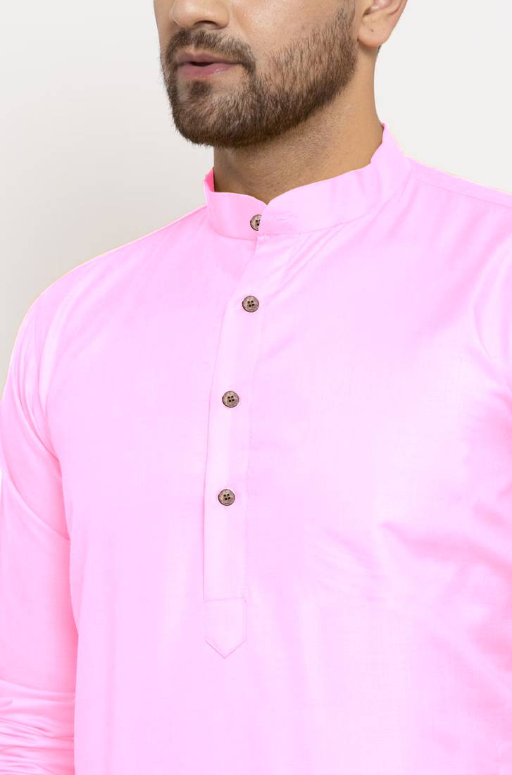 Pink solid cotton blend straight kurta for men