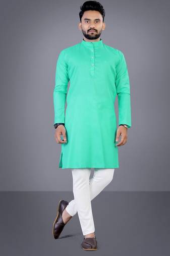 Seagreen solid cotton blend straight kurta for men