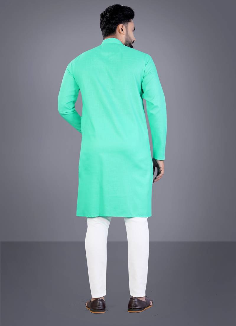 Seagreen solid cotton blend straight kurta for men