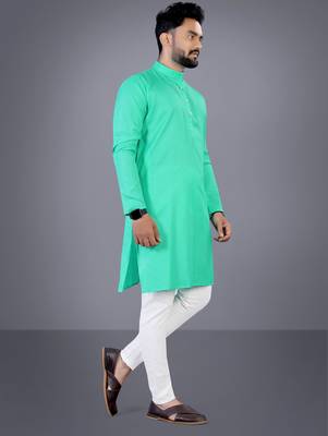 Seagreen solid cotton blend straight kurta for men 3