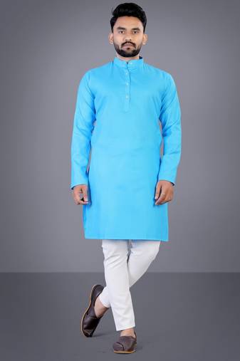 Skyblue solid cotton blend straight kurta for men
