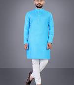 Skyblue solid cotton blend straight kurta for men