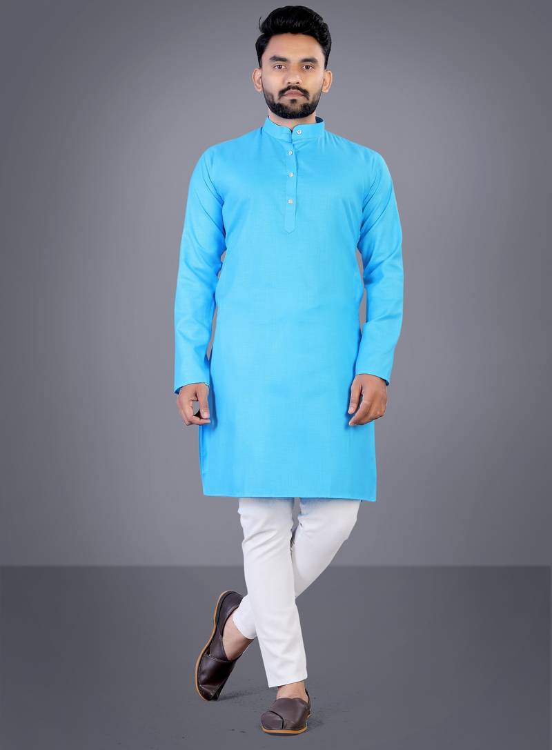 Skyblue solid cotton blend straight kurta for men