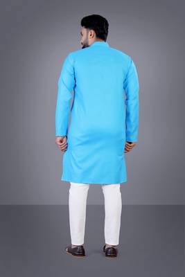 Skyblue solid cotton blend straight kurta for men 2
