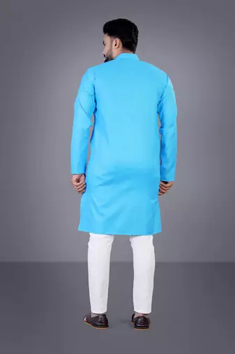Skyblue solid cotton blend straight kurta for men