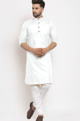 White solid cotton blend straight kurta for men