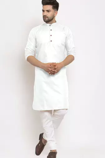 White solid cotton blend straight kurta for men