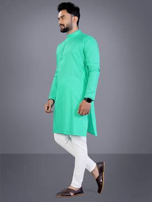 Seagreen solid cotton blend straight kurta for men 4