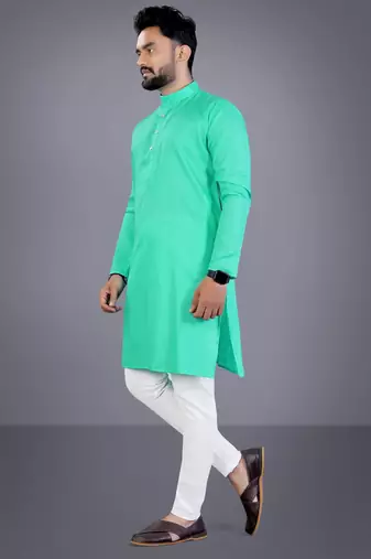 Seagreen solid cotton blend straight kurta for men