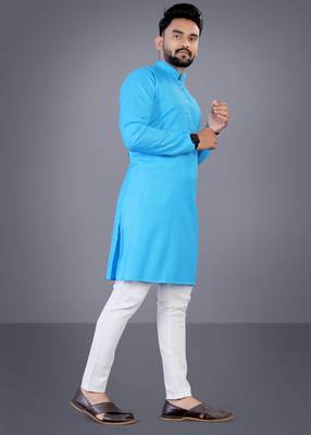 Skyblue solid cotton blend straight kurta for men 3