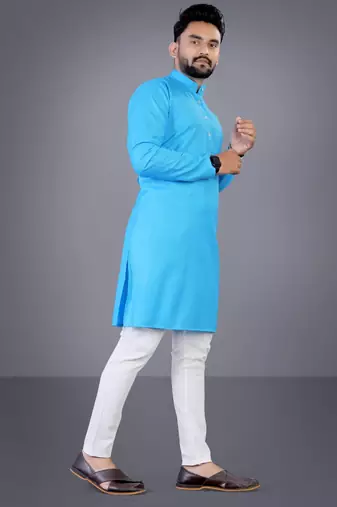 Skyblue solid cotton blend straight kurta for men