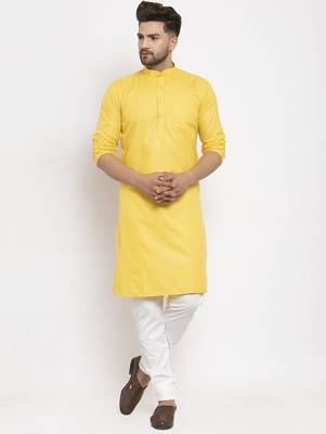 Yellow solid cotton blend straight kurta for men 1