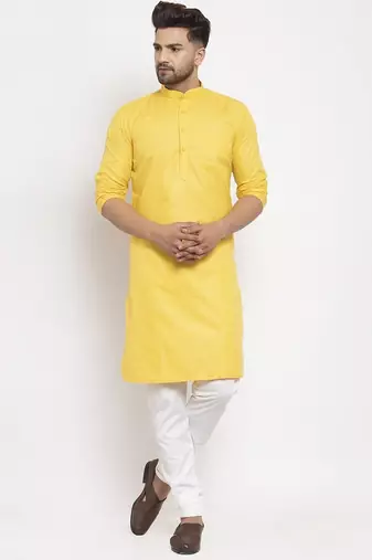 Yellow solid cotton blend straight kurta for men