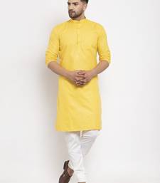 Yellow solid cotton blend straight kurta for men