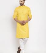 Yellow solid cotton blend straight kurta for men