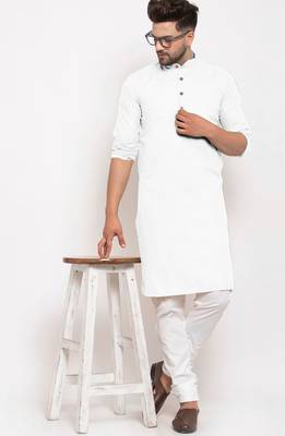 White solid cotton blend straight kurta for men 2
