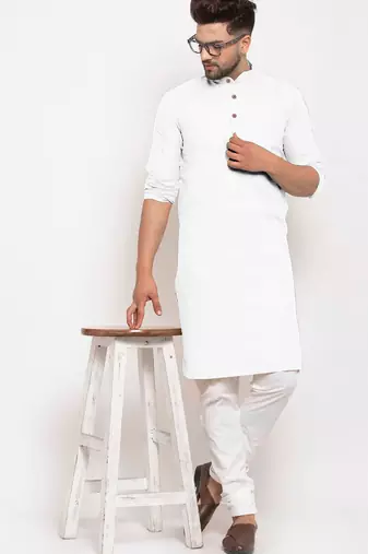 White solid cotton blend straight kurta for men