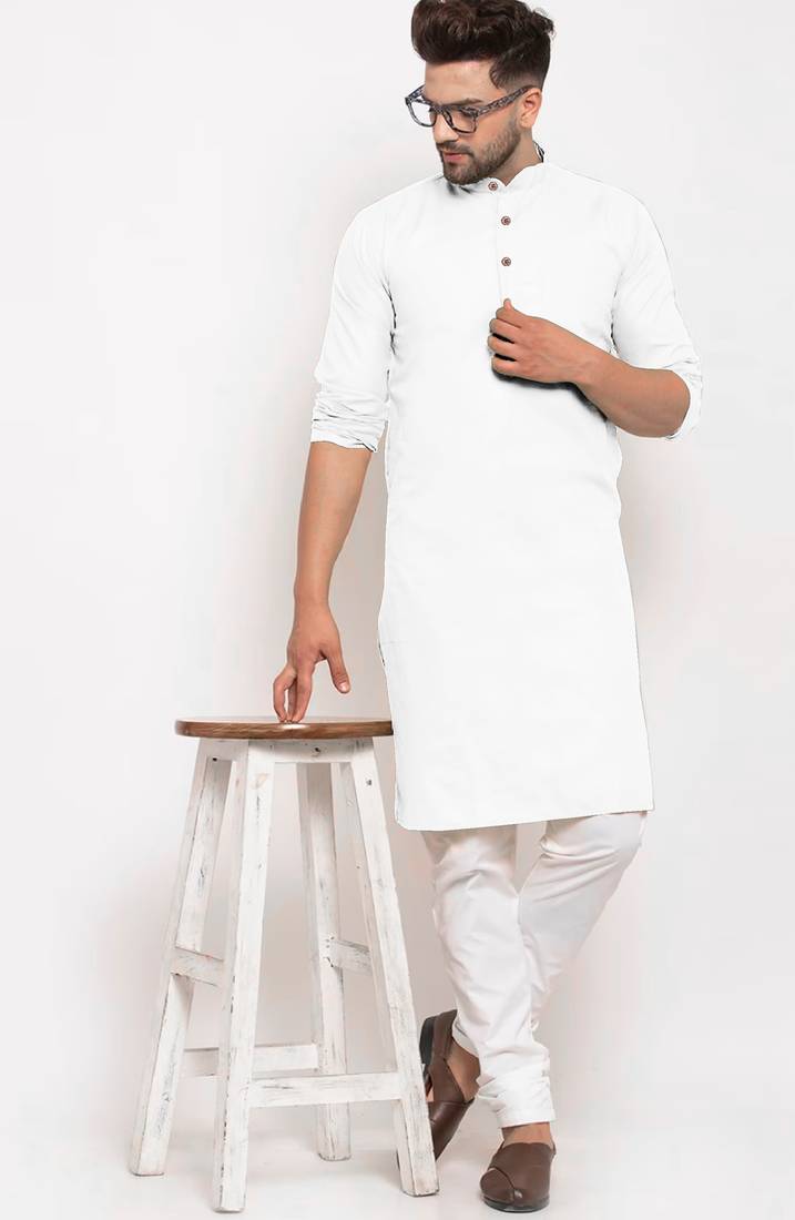 White solid cotton blend straight kurta for men