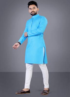 Skyblue solid cotton blend straight kurta for men 4