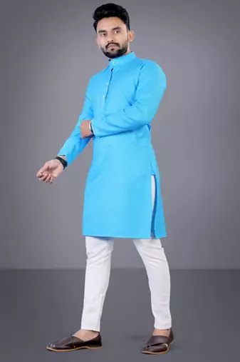 Skyblue solid cotton blend straight kurta for men