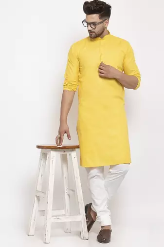 Yellow solid cotton blend straight kurta for men