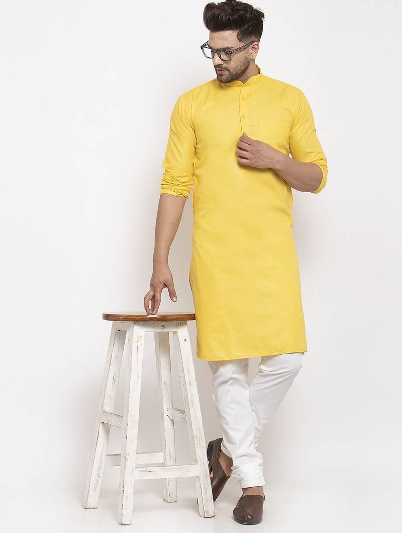 Yellow solid cotton blend straight kurta for men