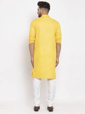 Yellow solid cotton blend straight kurta for men 3