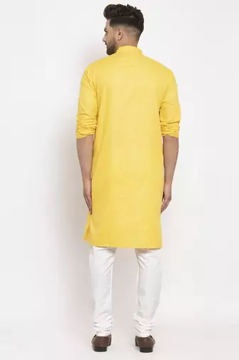 Yellow solid cotton blend straight kurta for men