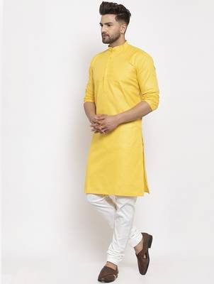 Yellow solid cotton blend straight kurta for men 4