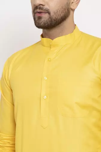 Yellow solid cotton blend straight kurta for men