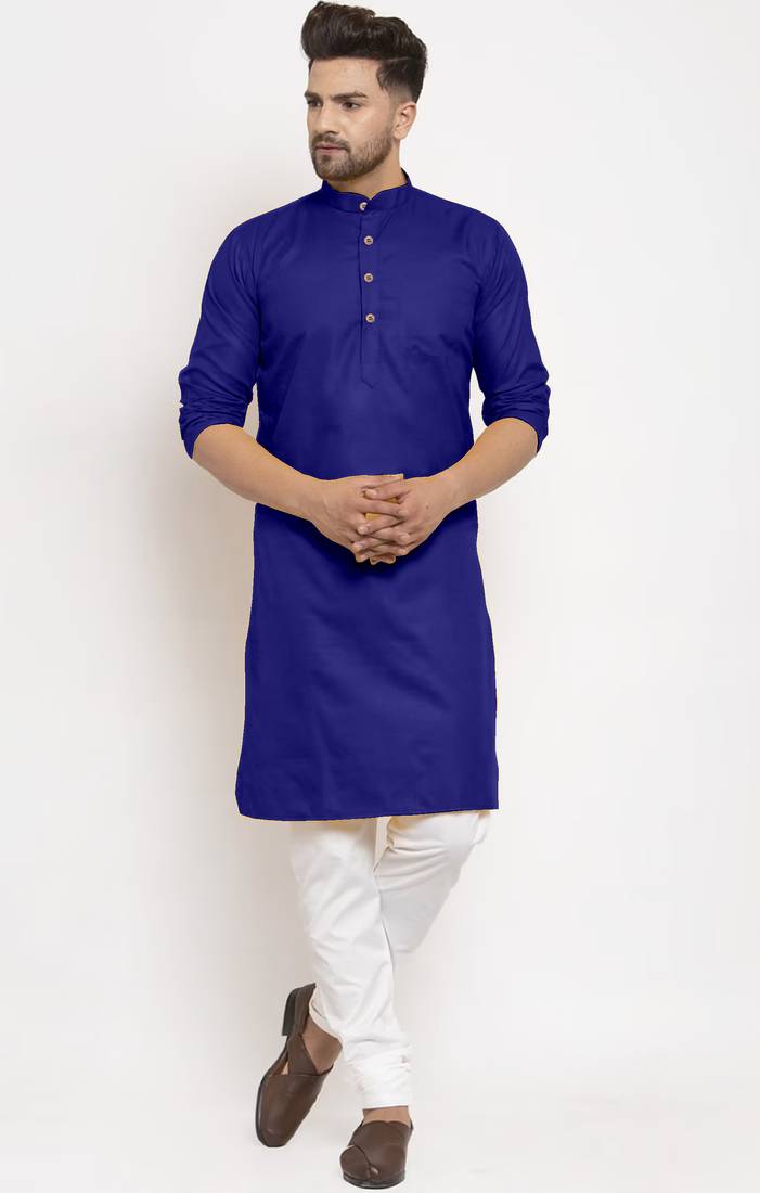 Royalblue solid cotton blend straight kurta for men