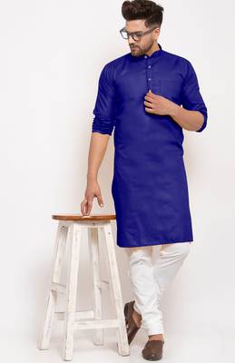 Royalblue solid cotton blend straight kurta for men 2