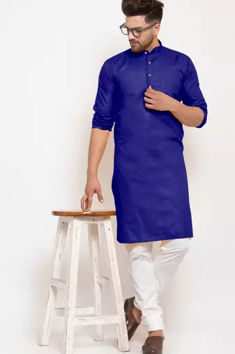 Royalblue solid cotton blend straight kurta for men