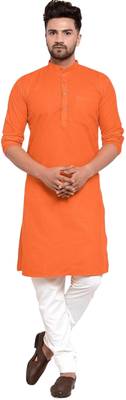 Orange solid cotton blend straight kurta for men 1