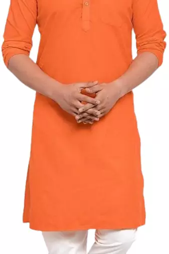 Orange solid cotton blend straight kurta for men
