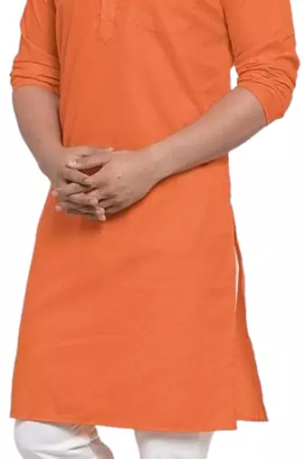 Orange solid cotton blend straight kurta for men